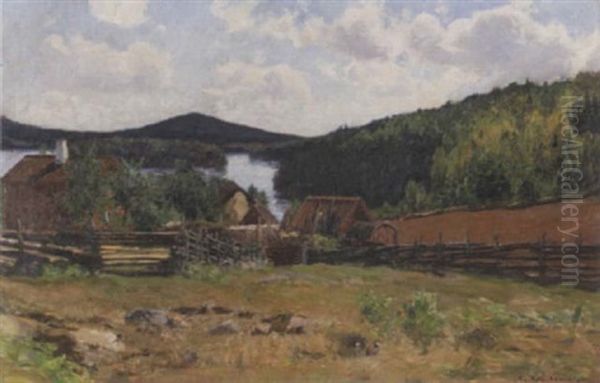 Norrlandskt Sommarlandskap Med Gard Oil Painting by Gottfrid Kallstenius