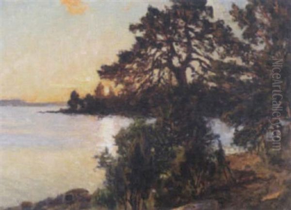 Sjolandskap Med Tallar - Solnedgang Oil Painting by Gottfrid Kallstenius
