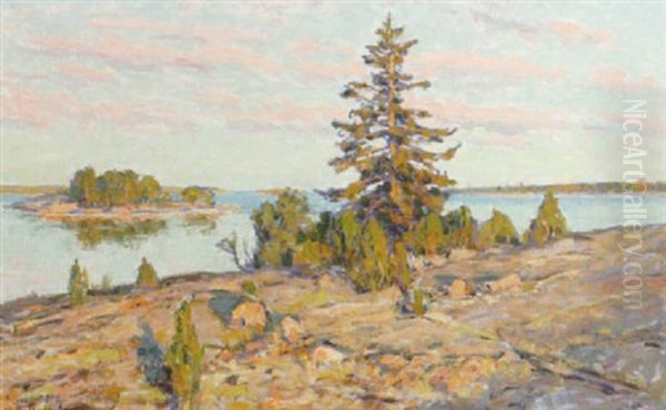 Soligt Skargardslandskap Oil Painting by Gottfrid Kallstenius