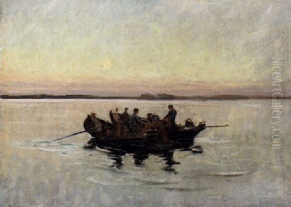 Sjolandskap Med Natfiskare I Aftonljus Oil Painting by Gottfrid Kallstenius