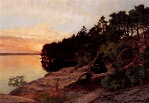 Solbelyst Skargardslandskap Oil Painting by Gottfrid Kallstenius