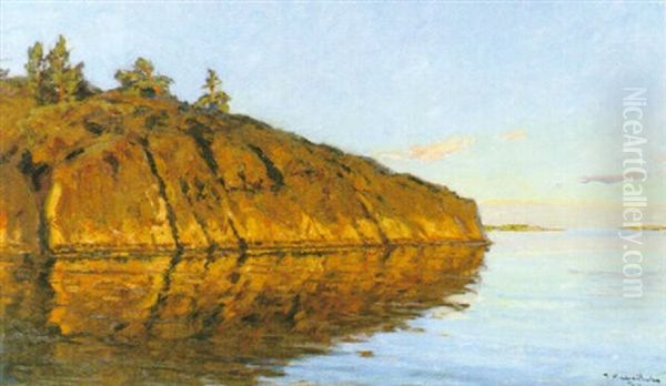 Solbelyst Skargardsklippa Oil Painting by Gottfrid Kallstenius