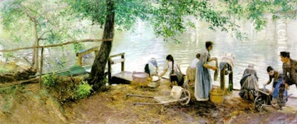 Tvatterskor I Grez Sur Loing Oil Painting by Gottfrid Kallstenius