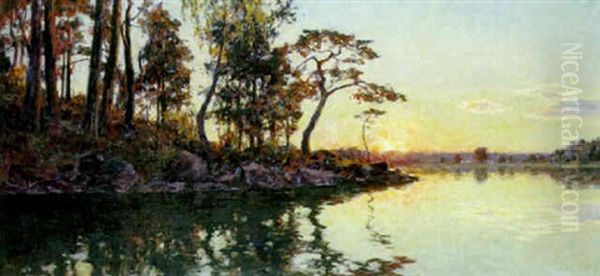 Skargardslandskap I Solnedgang Oil Painting by Gottfrid Kallstenius