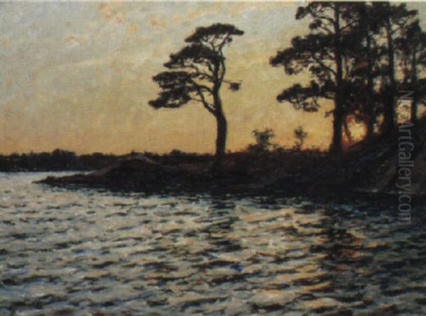 Sk,rg+rdslandskap I Solnedg+ng Oil Painting by Gottfrid Kallstenius