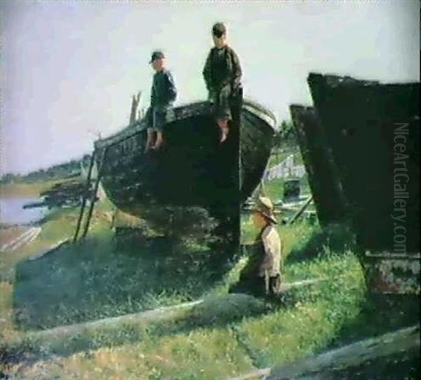 Pojkar Vid Batvarv Oil Painting by Gottfrid Kallstenius