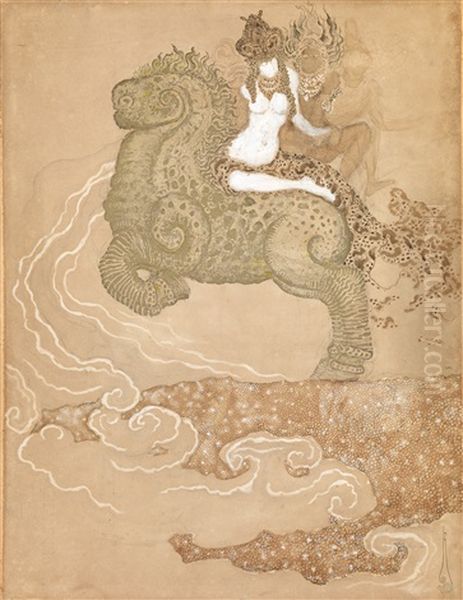 Three Women Riding A Mythical Monster Oil Painting by Nicolai Konstantinovich Kalmakov