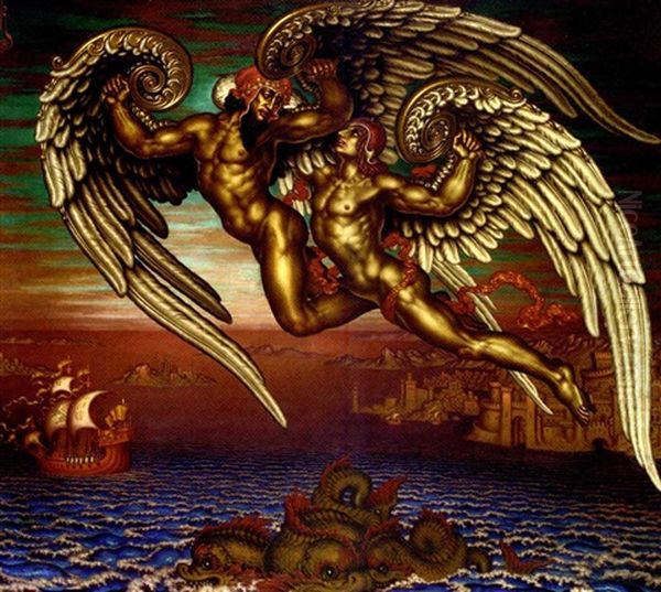 Icarus And Daedalus Oil Painting by Nicolai Konstantinovich Kalmakov