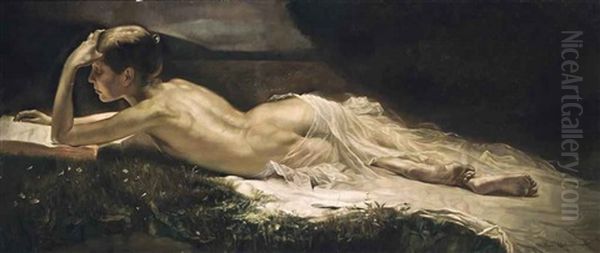 A Maiden Reading Oil Painting by Naci Kalmukoglu