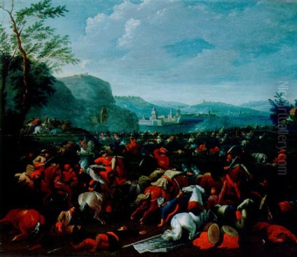 A Cavalry Battle Between Christians And Turks Oil Painting by Barend Van Kalraet