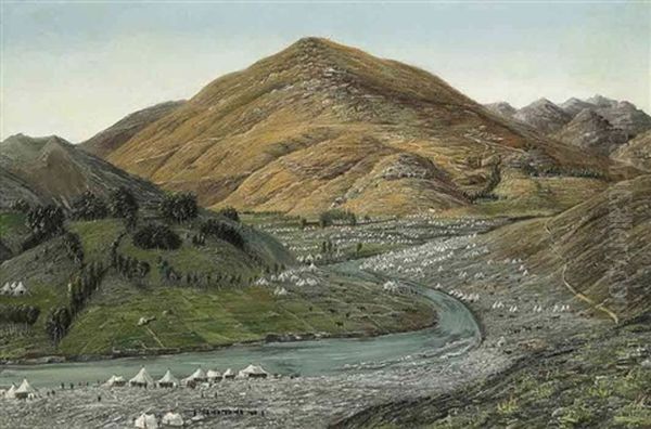 An Army Encampment Oil Painting by Muhammad Kamal-Al-Mulk