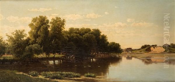 A River Landscape With A Washerwoman Oil Painting by Lev L'vovich Kamenev