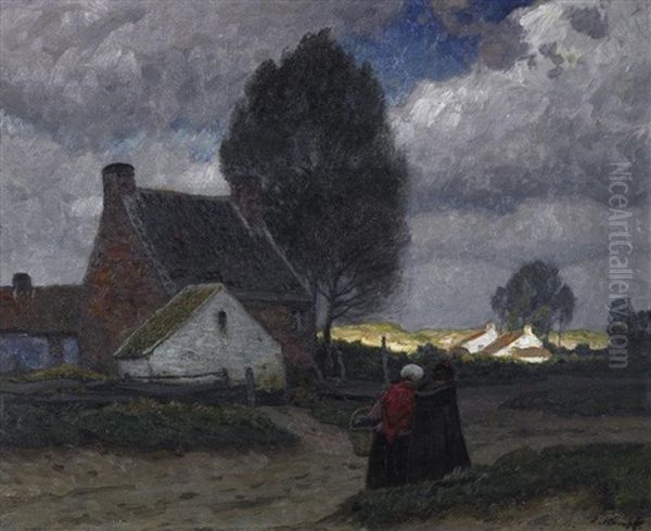 Zwei Frauen Auf Der Dorfstrase In Einem Flandrischen Dorfchen. Gewitterstimmung Oil Painting by Eugen Kampf