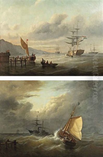 Dutch Vessels In A Sunlit Bay (+ Ships Caught In Rough Waters; Pair) Oil Painting by Christian Cornelis Kannemans
