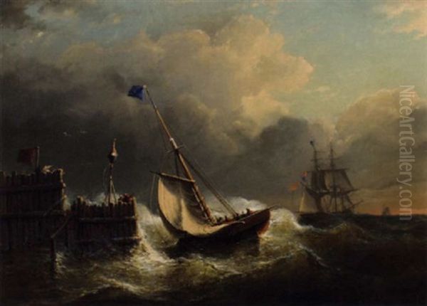Sailing Vessels Near The Harbour Entrance At Dusk Oil Painting by Christian Cornelis Kannemans