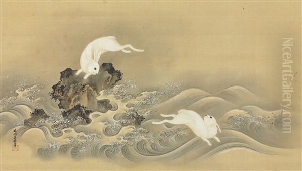 Rabbits Frolicing In The Waves Oil Painting by Osanobu Kano