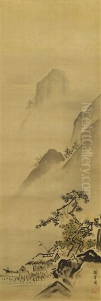 Mountain Landscape With A Hut Oil Painting by Tansetsu Morisada Kano