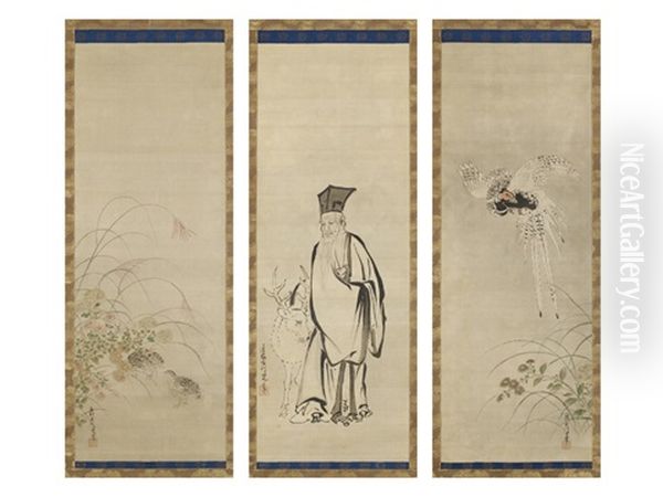 Pheasant / Figure / Quail (triptych) Oil Painting by Tsunenobu Kano
