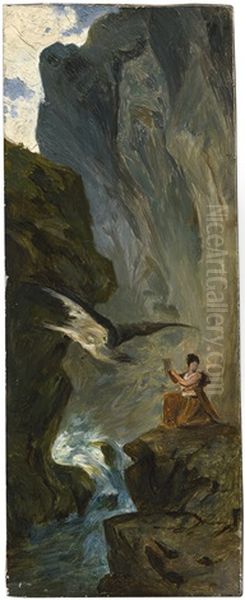 Adler In Einer Felsschlucht; Psyche Mit Dem Adler Des Jupiters Holt Wasser Aus Einer Zwischen Steilen Felsen Liegenden Quelle Oil Painting by Edmund Friedrich Kanoldt