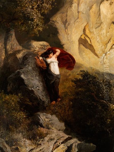 Sappho An Felswand Von Lesbos Gelehnt Vor Sturmischer See Oil Painting by Edmund Friedrich Kanoldt
