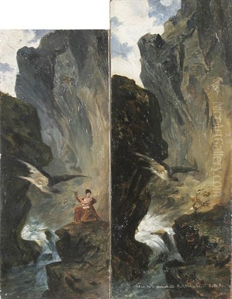 Psyche Holt Auf Befehl Der Venus Wasser Aus Dem Styx (+ Felsschlucht Mit Adler, Auf Einen Strauch Zufliegend; 2 Prelimin. Studies For Acht Wandbilder Zu Apulejus Marchen Amor Und Psyche) Oil Painting by Edmund Friedrich Kanoldt