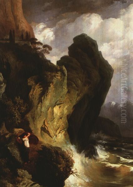 Sappho Am Vorgebirge Leukate An Eine Felswand Gelehnt Oil Painting by Edmund Friedrich Kanoldt