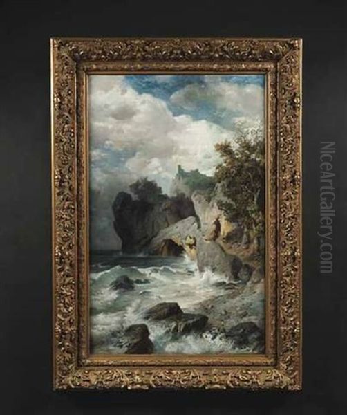 Meeresbrandung An Einer Zerklufteten Felsenkuste Oil Painting by Edmund Friedrich Kanoldt