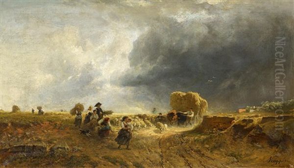 Heuernte Bei Aufziehendem Gewittersturm Oil Painting by Albert Kappis