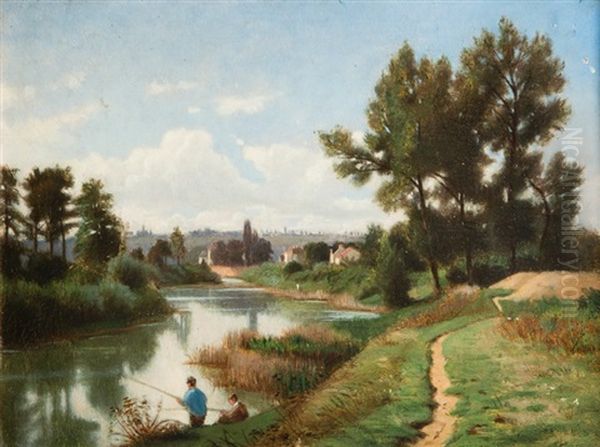 Pecheurs Au Bord De L'eau Oil Painting by Gustave Karcher