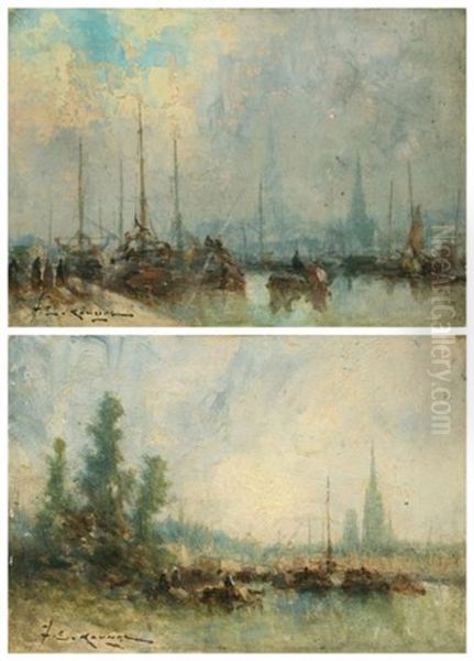 Vues Du Port De Rouen (2 Works) Oil Painting by Jean Etienne Karnec