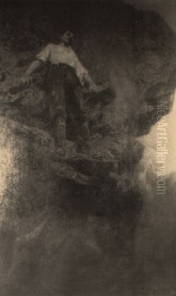 Man On Ledge With Angels Oil Painting by Adolf Karpellus