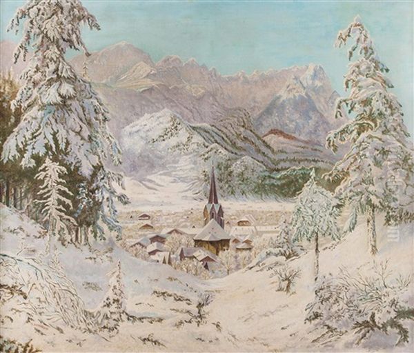Blick Auf Garmisch-partenkirchen Im Winter Oil Painting by Eduard Kasparides