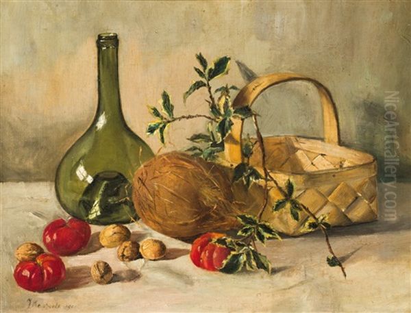 Stillleben Mit Kokosnus, Flasche Und Spankorb Oil Painting by Johanna Margaretha Van De Kasteele