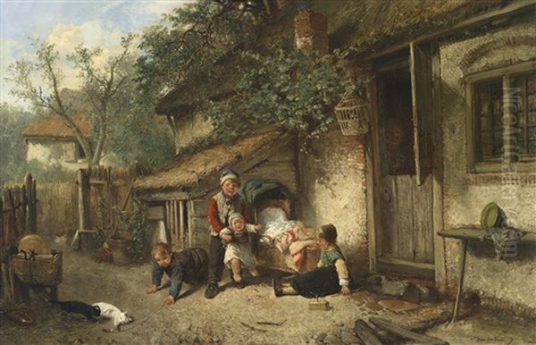 Spielende Kinder Mit Katzchen Oil Painting by Mari ten Kate