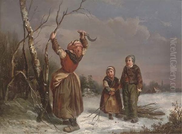 Collecting Firewood On A Winter's Day Oil Painting by Mari ten Kate