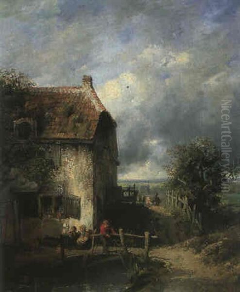 Kinder Am Dorfbach. Vor Einem Alten Bauernhaus Hockt Ein    Kleines Kindergruppchen Beisammen... Oil Painting by Mari ten Kate