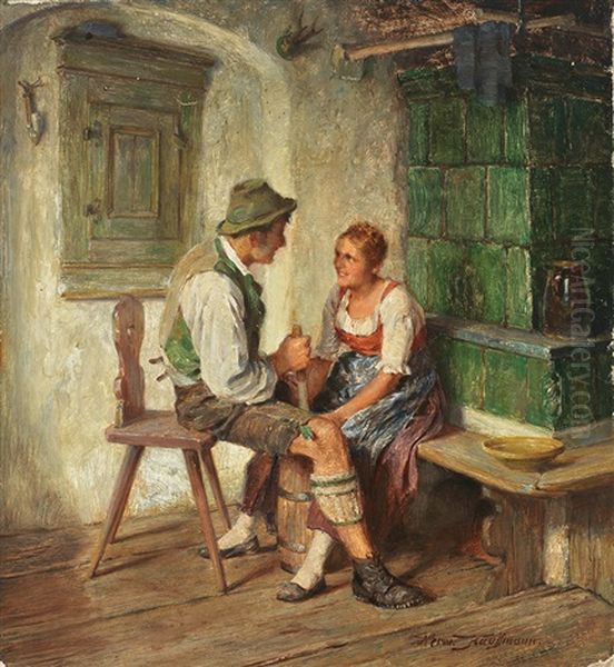 Tandelndes Paar Beim Buttern In Der Stube Oil Painting by Hermann Kauffmann the Elder