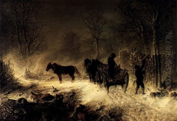 A Winter Landscape With Figures Loading Firewood Onto A Cart Oil Painting by Hermann Kauffmann the Elder