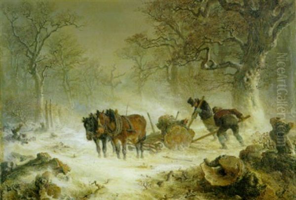Holzfaller Im Winterlichen Wald Oil Painting by Hermann Kauffmann the Elder