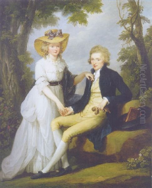 Portrait Of Robert Stearn Tighe Of Mitchellstown, Co. Westmeath, Ireland And His Wife Catherine In A Wooded Landscape Oil Painting by Angelika Kauffmann