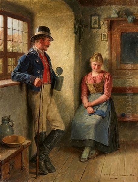 Girl And A Stage-coachman At A Window Oil Painting by Hugo Kauffmann