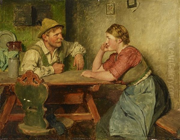 Man With Pipe And Girl Sitting At The Table Oil Painting by Hugo Kauffmann