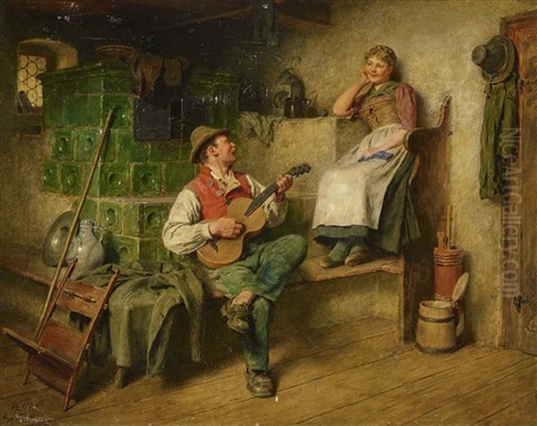 Youngster And Girl With Knitting - The Serenade Oil Painting by Hugo Kauffmann