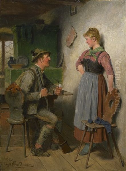 Junger Jagersbursche Und Madchen In Der Stube: Waidmannsheil Oil Painting by Hugo Kauffmann
