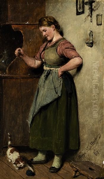 Dirndl Beim Spielen Mit Einer Katze Oil Painting by Hugo Kauffmann