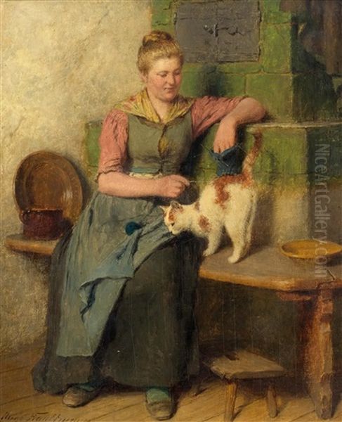 A Lady In An Interior Oil Painting by Hugo Kauffmann