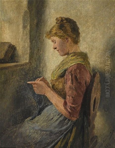 Junge Frau Mit Strickzeug Am Fenster Oil Painting by Hugo Kauffmann