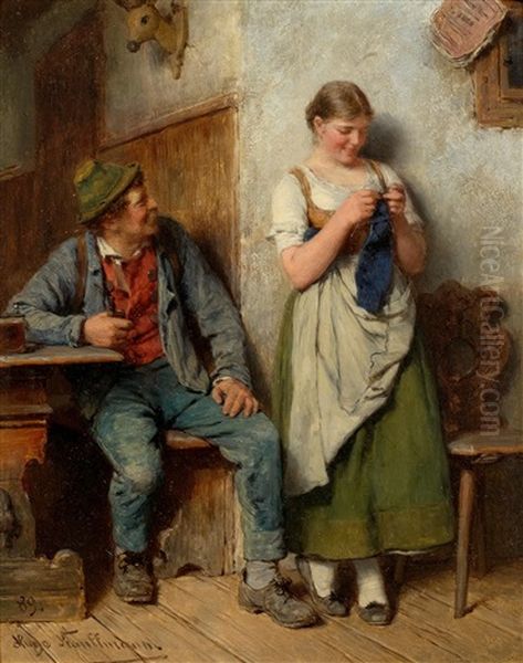 In Der Stube Mit Holzknecht Und Madel Beim Stricken Oil Painting by Hugo Kauffmann