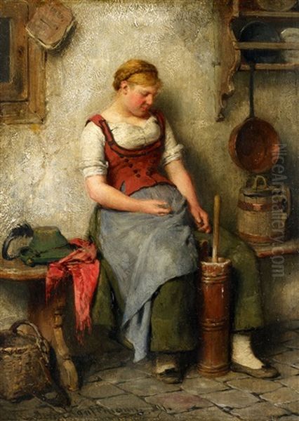 Girl By A Butter Churn Oil Painting by Hugo Kauffmann