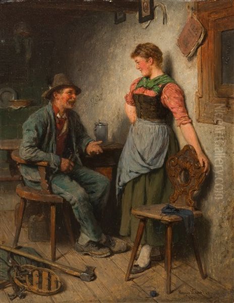 Holzknecht Und Madel In Der Stube Oil Painting by Hugo Kauffmann
